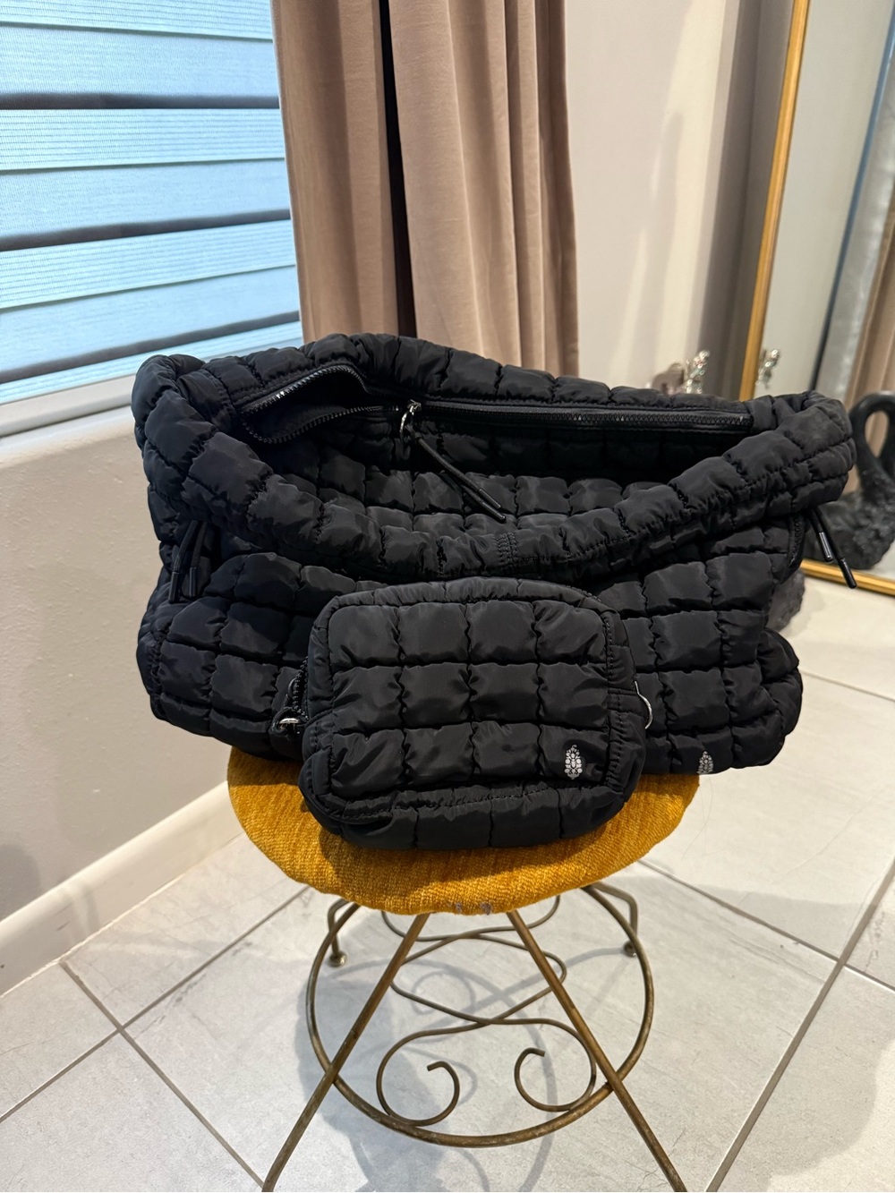Black Quilted Puffer Tote with Matching Pouch